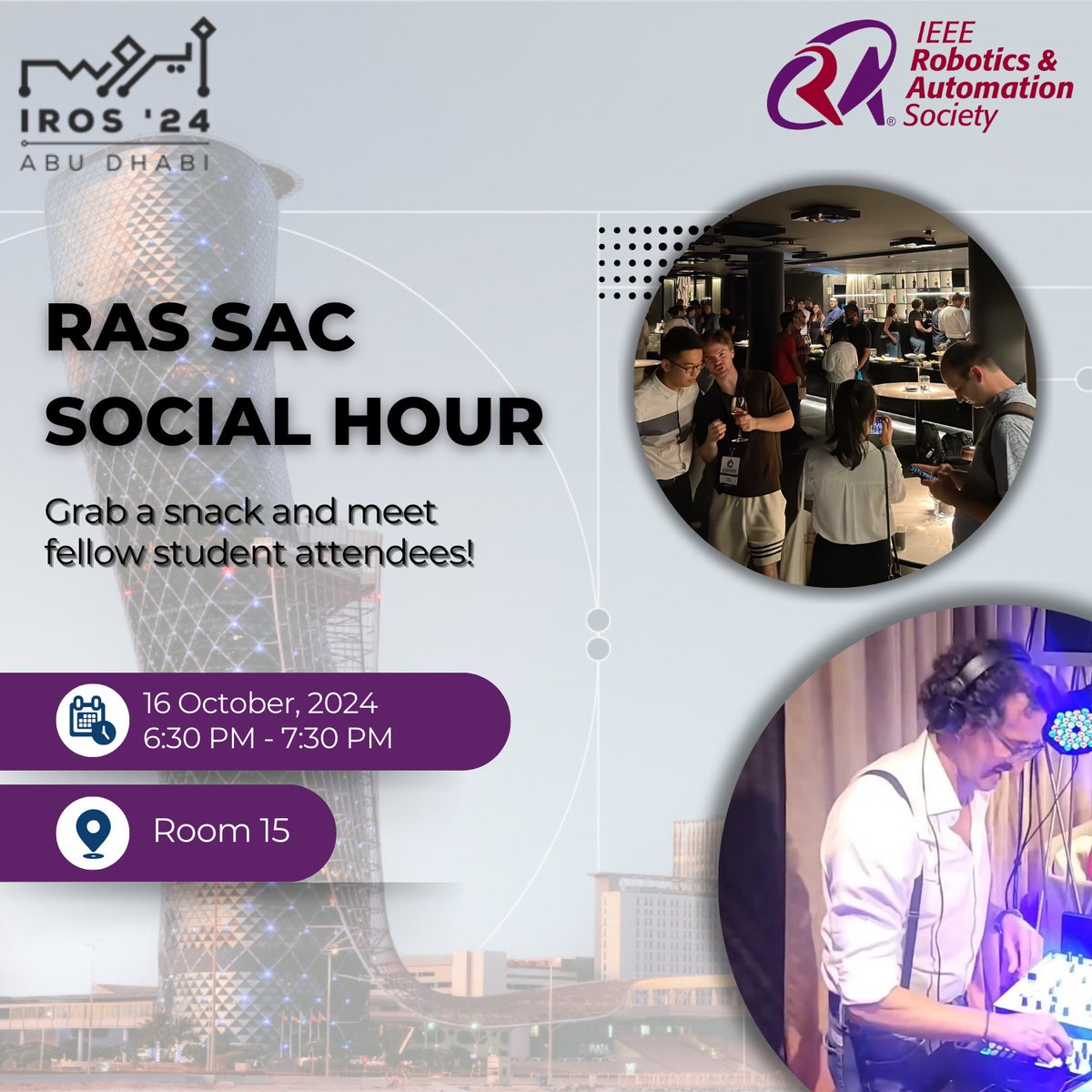 Attending a conference can be overwhelming. Join us at the RAS SAC Social Hour to meet fellow student attendees while grabbing a snack!

Check out all the RAS events at #IROS2024! loom.ly/mbrEydg

#ieeeras #ieeerassac #robotics #automation #students