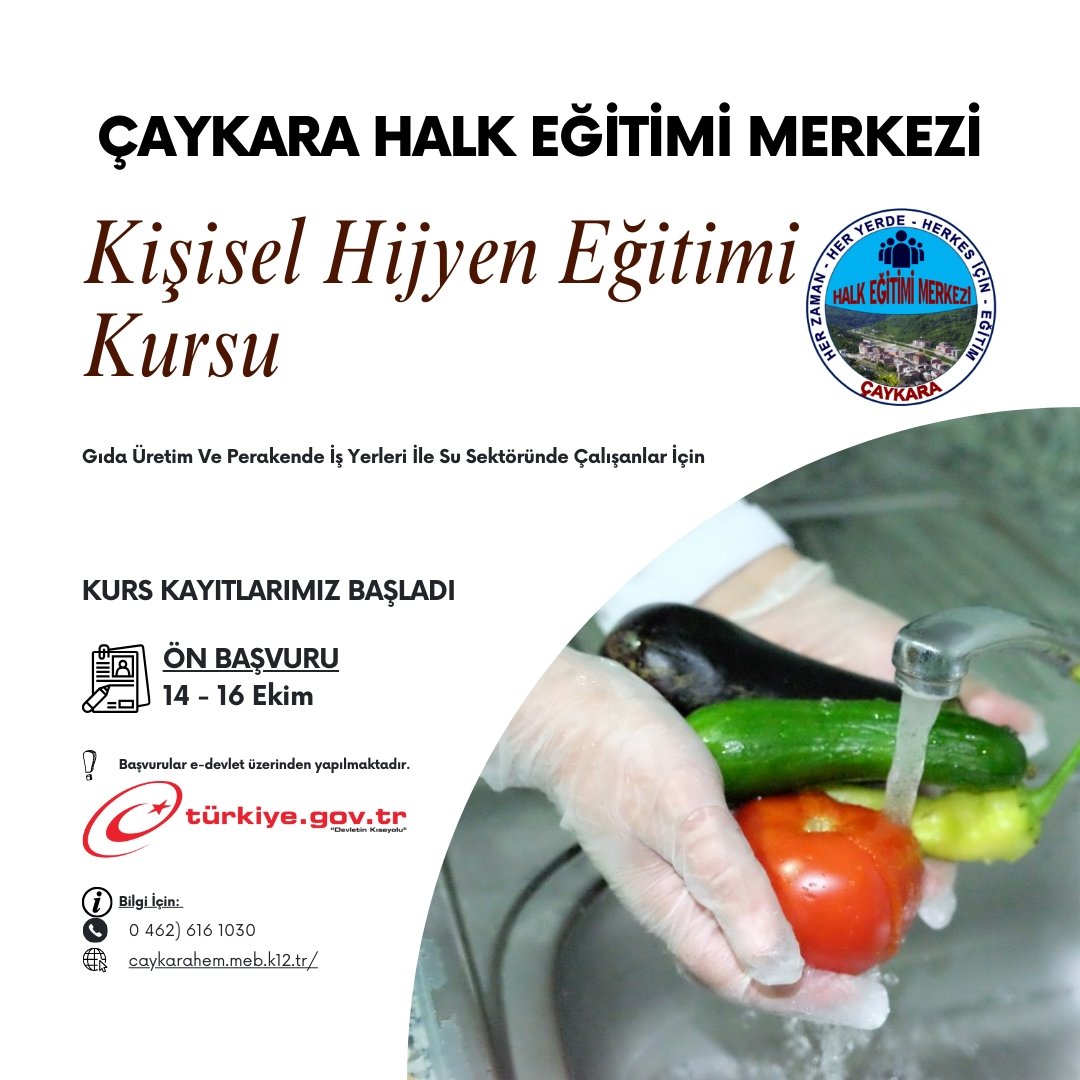 KİŞİSEL HİYJEN EĞİTİMİ KURSU BAŞVURULARI BAŞLADI
Kurumumuz bünyesinde Gıda Üretim Ve Perakende İş Yerleri İle Su Sektöründe Çalışanlar İçin Kişisel Hijyen Eğitimi kursu açılacaktır.
caykarahem.meb.k12.tr/icerikler/kisi…