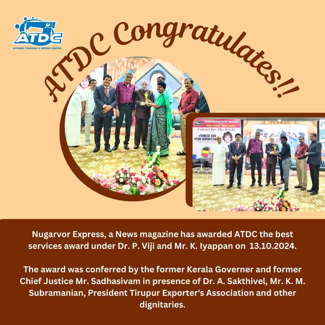 Nugarvor Express, a News magazine has awarded ATDC the best services award under Dr. P. Viji and Mr. K. Iyappan on  13.10.2024.