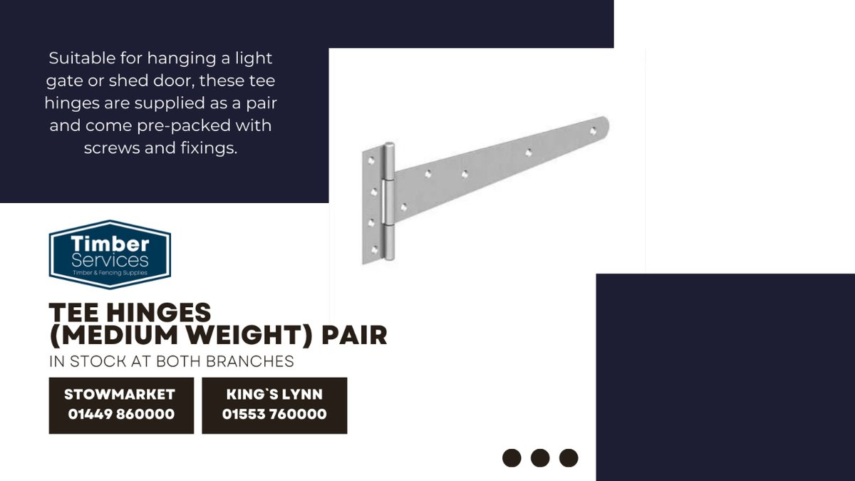 ServicesTimber's tweet photo. 👀 Are you looking for #TeeHinges that are perfect for hanging a light gate or shed door?

Medium weight hinges available in 4 sizes from 6” up to 18” in choice of black or zinc. Available in a pair &amp; includes all screws &amp; fixings

▶️https://t.co/HCKdZqAdv5

#TimberProducts https://t.co/atVUVD7axl