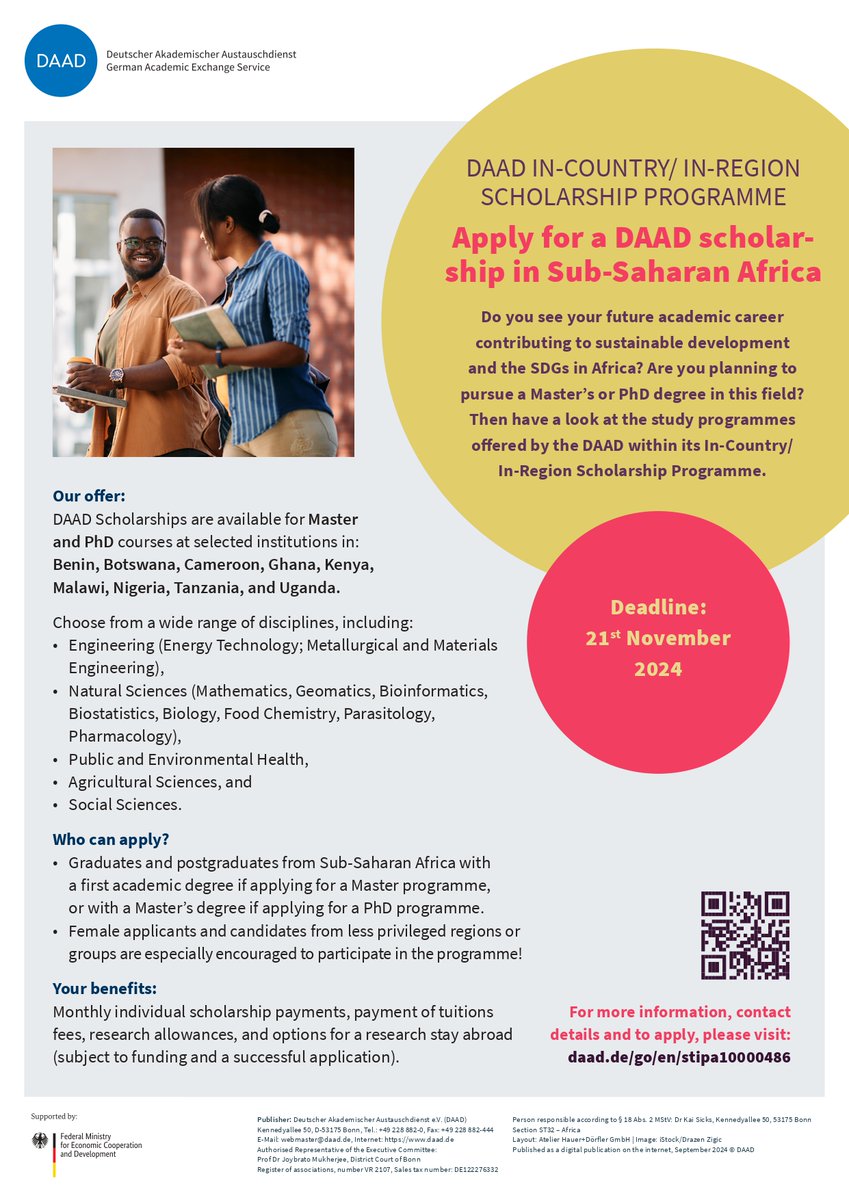 DAAD in-Country/in-Region - Call for Scholarships  Do you see your future academic career contributing to the SDGs in Africa? Are you planning to pursue a Master’s or PhD degree? Have a look at the study programs offered by DAAD Deadline: 21 Nov 2024 ruforum.wordpress.com/2024/10/11/daa……