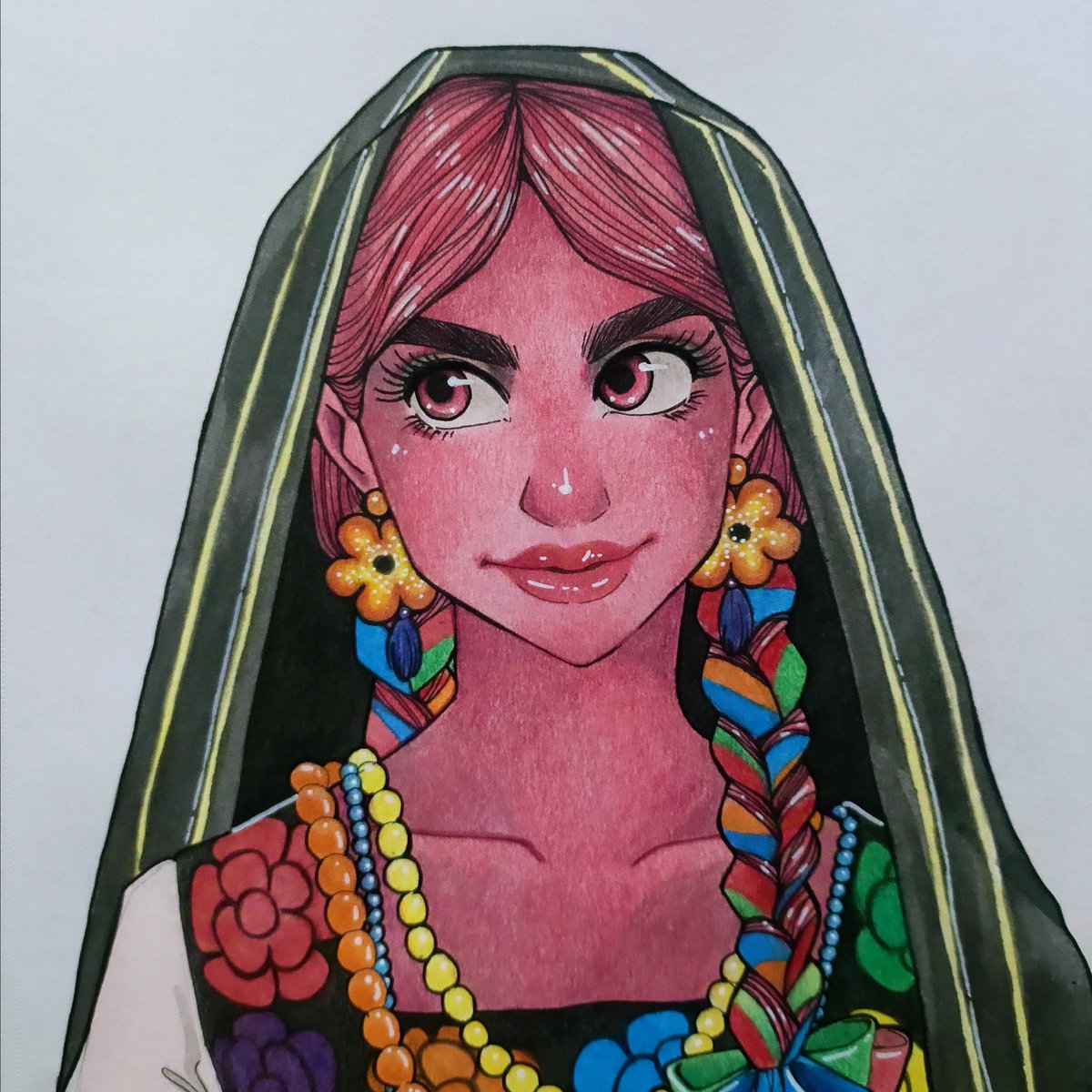 hannakeychan's tweet photo. Hi everyone! I wanted to try aprilsketcho's #Loretober2024 Day 4: Dress character in your culture, so here's Persephone dressed as a guarecita from Michoacán, 
México; using a rebozo, a guanengo and her hair braided with colorful Ribbons 💖
#LoreOlympus belongs to @used_bandaid https://t.co/NTU6akh1UQ