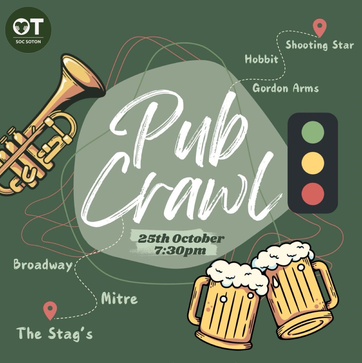 We’re kicking off the 2nd social with a traffic light themed pub crawl!🚦1st yr are dressing sth green💚, 2nd yr sth yellow/orange💛,and 3rd year sth red❤️, it has to be a character or an object not just the colour!

This is on next Fri 25th Oct starting at The Stags at 7:30pm