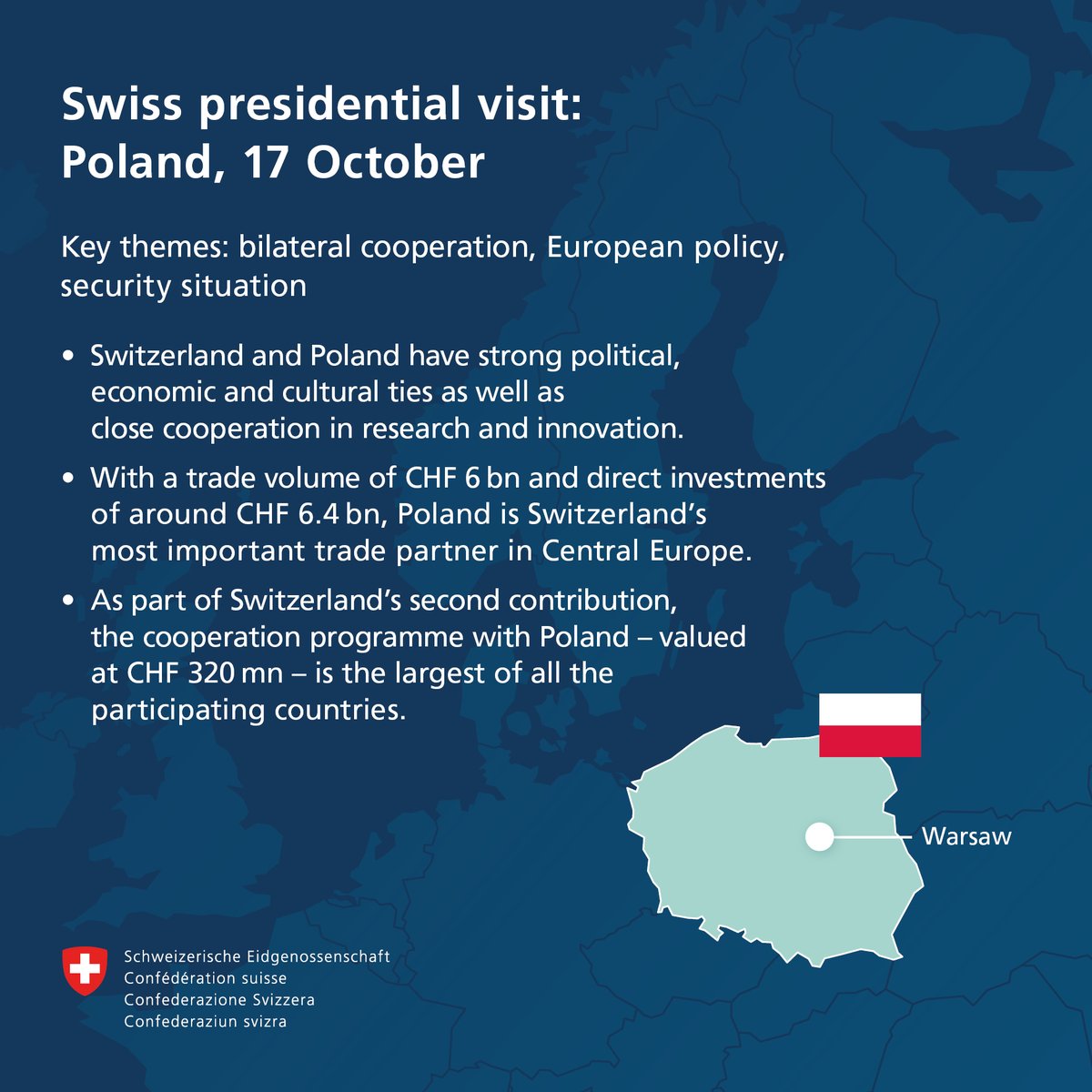 Swiss Federal Government (@swissgov) on Twitter photo 🇵🇱🇨🇭🤝Swiss President <a href="/Violapamherd/">Viola Amherd</a> is headed to Warsaw, where she’ll meet Polish President <a href="/AndrzejDuda/">Andrzej Duda</a> as well as Sejm Marshal <a href="/szymon_holownia/">Szymon Hołownia</a> and Senate Marshal <a href="/M_K_Blonska/">Małgorzata Kidawa-Błońska</a>. Poland will hold the EU Council Presidency in the first half of 2025. <a href="/PolandMFA/">Ministry of Foreign Affairs 🇵🇱</a> 🇵🇱🇨🇭🤝Swiss President <a href="/Violapamherd/">Viola Amherd</a> is headed to Warsaw, where she’ll meet Polish President <a href="/AndrzejDuda/">Andrzej Duda</a> as well as Sejm Marshal <a href="/szymon_holownia/">Szymon Hołownia</a> and Senate Marshal <a href="/M_K_Blonska/">Małgorzata Kidawa-Błońska</a>. Poland will hold the EU Council Presidency in the first half of 2025. <a href="/PolandMFA/">Ministry of Foreign Affairs 🇵🇱</a>