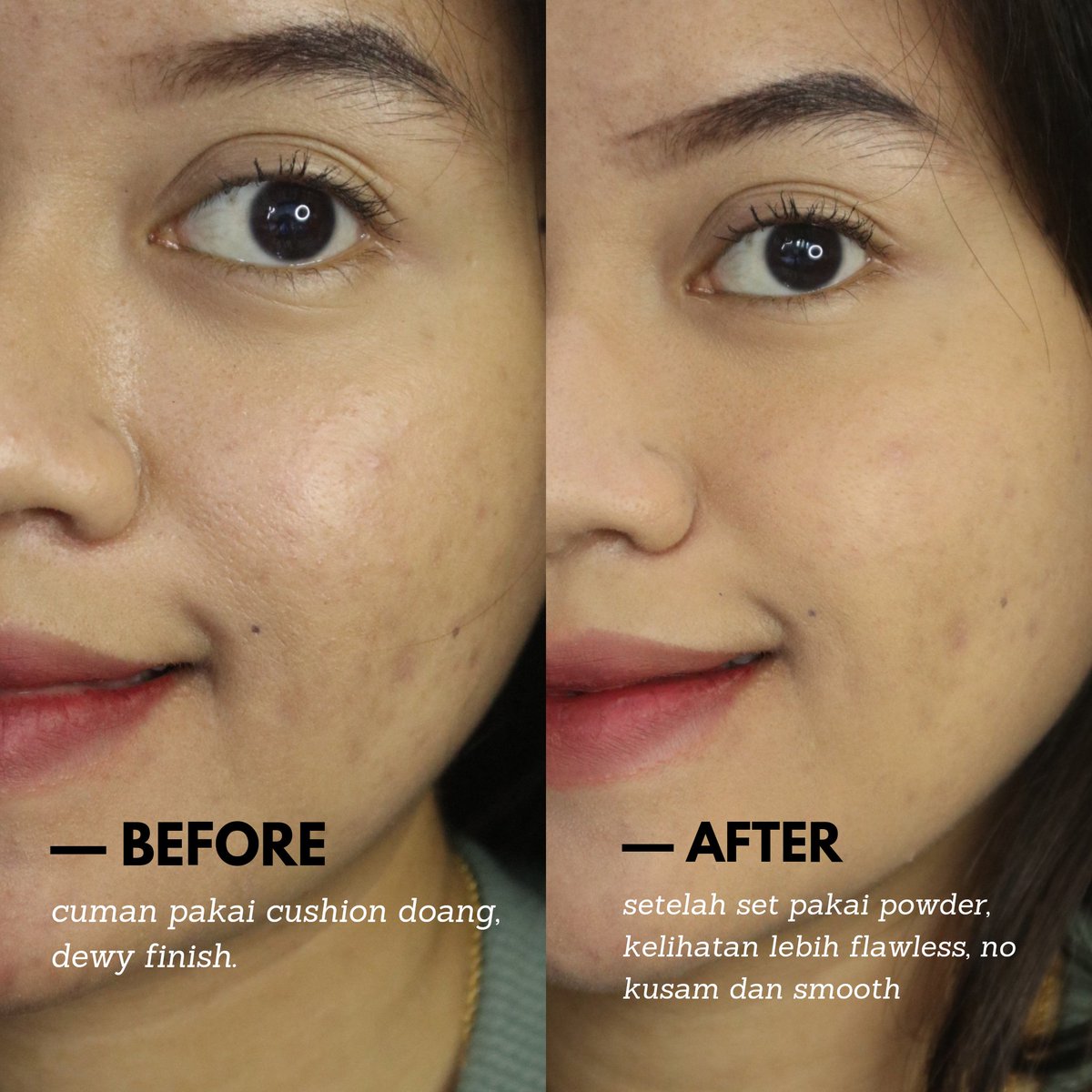 tbtb kepengen hasil complexion yang matte tapi aku punyanya yang ngasih dewy finish, untungggg ada setting powder ini😳💕

kelihatan matte tp gak dempul kan yaaa? mana blurring pores akuuu lagi. sukakkkk👀❤️‍🔥