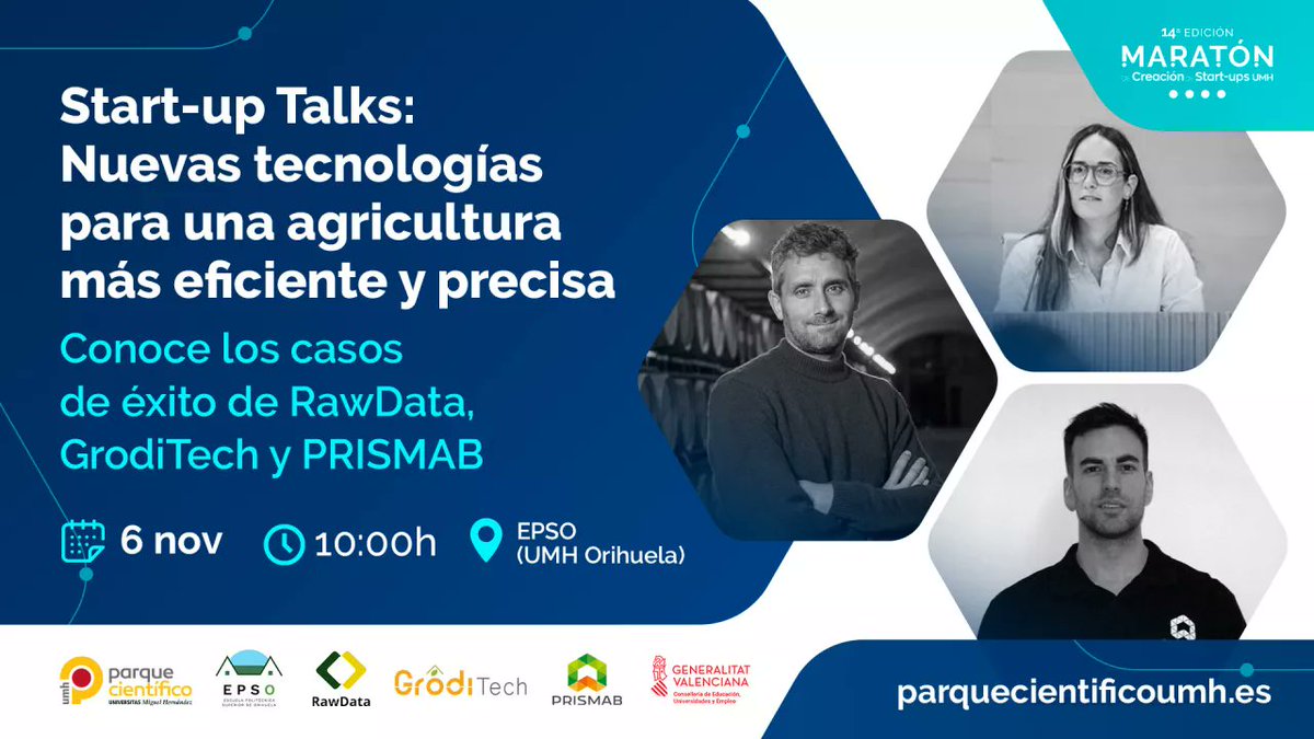 #MaratónUMH | ¡Te presentamos la nueva #startuptalks "Nuevas tecnologías para una agricultura más eficiente y precisa"! 📈

➡️ Conocerás la experiencia de éxito en el sector #Agrotech de las empresa RawData, <a href="/groditech/">Grodi</a> y PRISMAB.

Inscripciones 📌:
parquecientificoumh.es/eventos/start-…