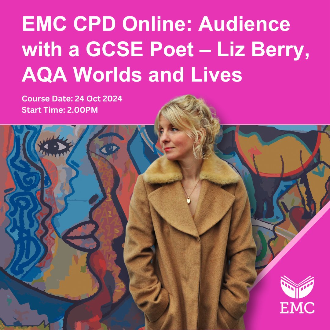 EMC CPD Online: Audience with a GCSE Poet – Liz Berry, AQA Worlds and Lives (24.10.24)

A chance to hear live from poet Liz Berry and put your questions to her.

Book your place by 8.00am on 22 Oct
tinyurl.com/42we23nw
<a href="/AndrewEMC/">Andrew McCallum</a>