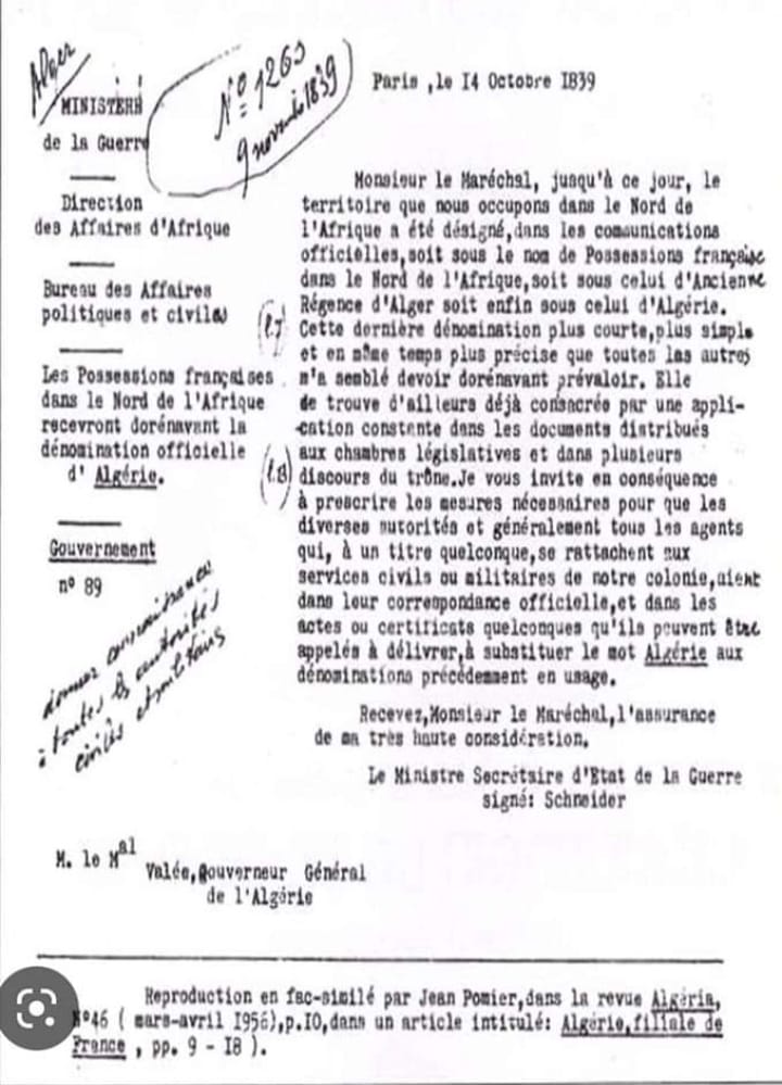 FerhatMhenni's tweet photo. CRÉATION DE L'ALGÉRIE PAR LA COLONISATION FRANÇAISE, IL Y A 185 ANS (14 OCTOBRE 1839)
Les possessions françaises dans le Nord de l'Afrique recevront dorénavant la dénomination officielle d'Algérie. Ainsi avait signé sa décision le ministre secrétaire d'État de la Guerre, Schneider.
La Kabylie n'en faisait pas partie. Elle a coexisté avec l'Algérie jusqu'à son annexion illégale par la force suite à la bataille d'Icherridene, le 24 juin 1857.
Rappelons qu'aucun dignitaire kabyle n'avait osé salir son nom et valider notre reddition ou notre soumission.
Cette annexion est à l'origine de la fin de l'Algérie française et le sera sûrement pour celle de l'Algérie post-française.
Mais elle a surtout causé le malheur du peuple kabyle qui, 167 ans plus tard, refuse toujours d'être dominé par des étrangers.
Les Algériens sont nos voisins, mais pas nos compatriotes.
Ceux des Kabyles qui, de nos jours encore, sont brûlés vifs par cette Algérie nouvelle, assassinés, torturés, emprisonnés parce qu'ils refusent de courber l'échine, sont les dignes descendants de ceux qui, en leur temps, avaient affronté les troupes de Bugeaud, Mac Mahon, Massu ou le capitaine Léger.
Gloire aux Kabyles qui ont fait le serment de VIVRE DEBOUT et de défier la colonisation de la Kabylie par l'Algérie.
Exil, le 14 octobre 2024.
#Kabylie
#Mak
#Anavad
#Algérie
#AfriqueduNord
#Autodétermination
#UnitedNations
#AfricanUnion