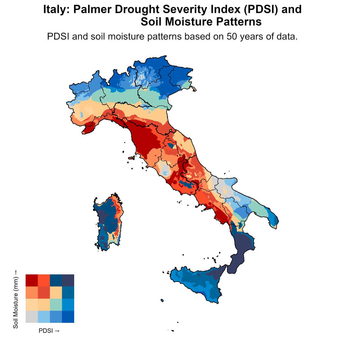 LAZARSofia1's tweet photo. 🌍🇮🇹 Drought Alert in Italy! 🇮🇹
🔥 The latest map shows alarming #PDSI and #soilmoisture deficits across Central & Southern Italy, with severe #drought conditions creeping in 🌡️
Regions like #Tuscany and #Umbria are hardest hit, while #Sardinia and #Sicily face worsening dryness https://t.co/gWaL7YGW5U