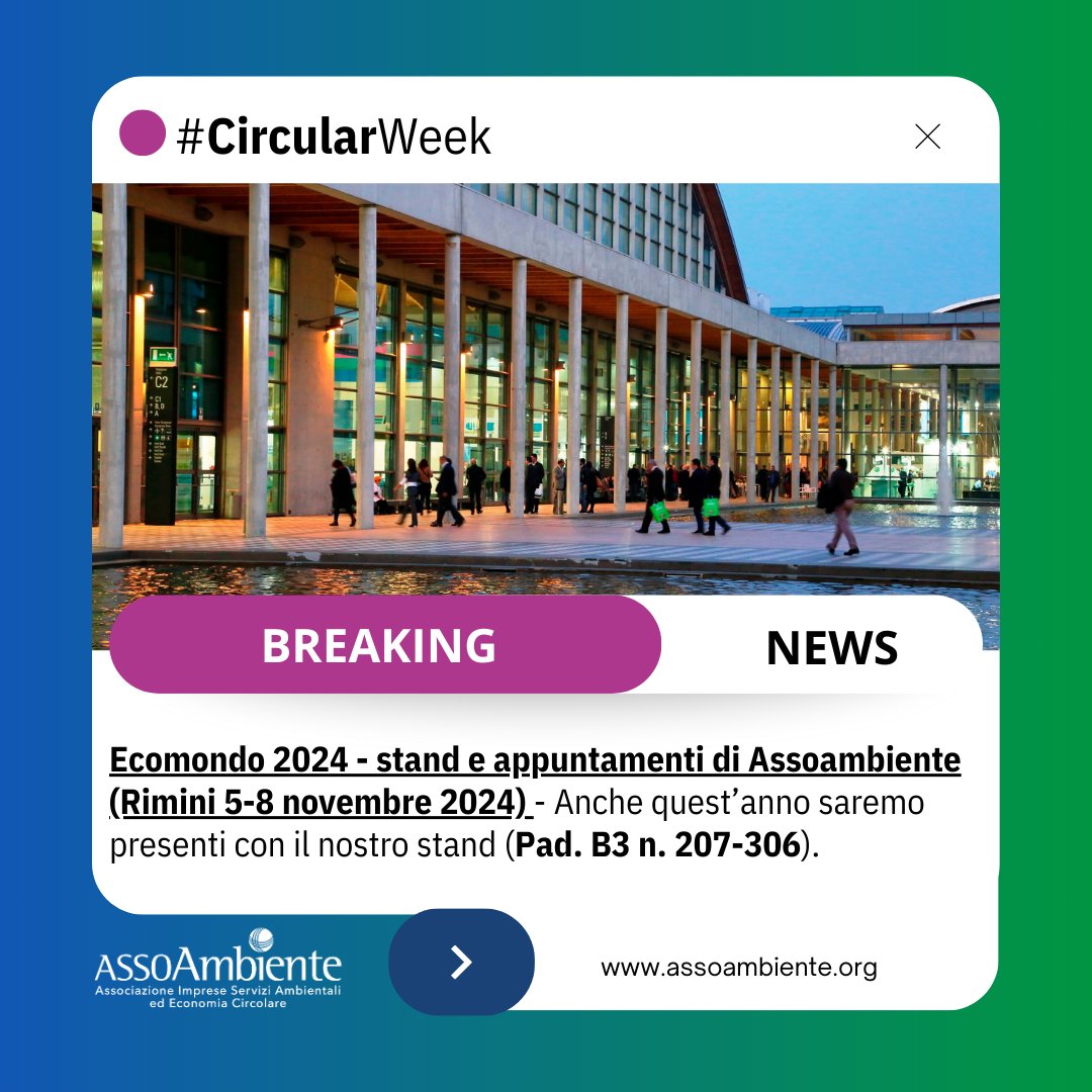 assoambiente's tweet photo. #CircularWeek Non vuoi perdere nessuna notizia sull'economia circolare? Iscriviti alla newsletter di #Assoambiente!
📌 Tra le notizie di questa settimana, anche il Rapporto @ISPRA_Press su efficienza energetica e decarbonizzazione.
Leggi la newsletter 👉 https://t.co/5Qc8xOVJ0i https://t.co/aL0YOkypOl