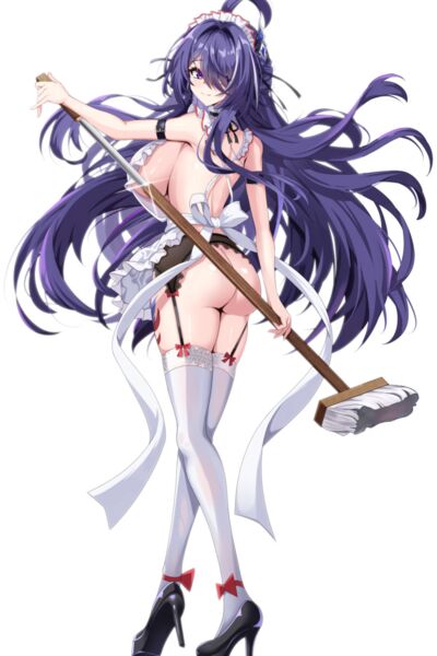 "#MaidMonday, who comes up with this crap! Well, if I have to, I'll go along with it, but why the hell do I have to be half-naked?"