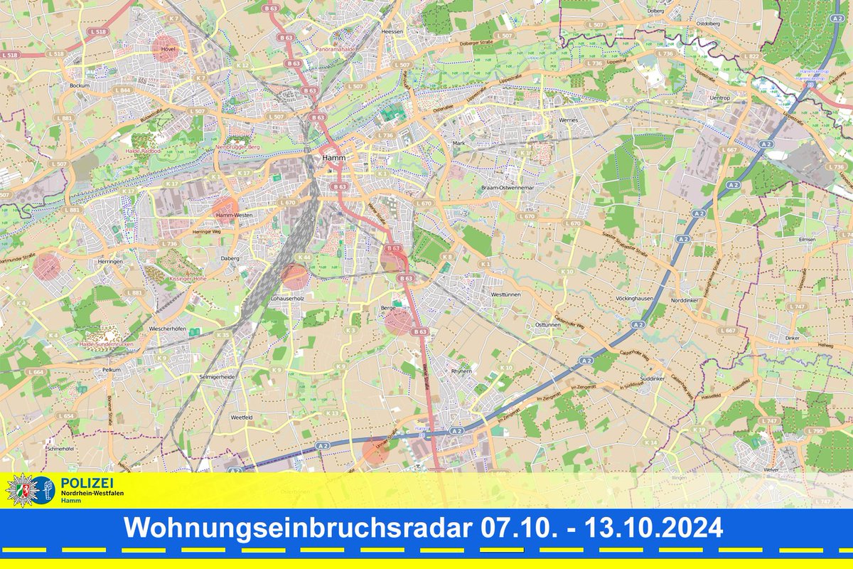 polizei_nrw_ham's tweet photo. Vom 07.10. - 13.10. gab es im Stadtgebiet drei versuchte und vier vollendete Einbruchsdelikte. Das zeigt das "Wohnungseinbruchsradar" der Polizei Hamm.   

Wichtig ist es, aufmerksam zu sein und schon bei geringen Verdachtsmomenten den Notruf 110 zu wählen.   

#Polizei #Hamm https://t.co/5EV9OOXWsi