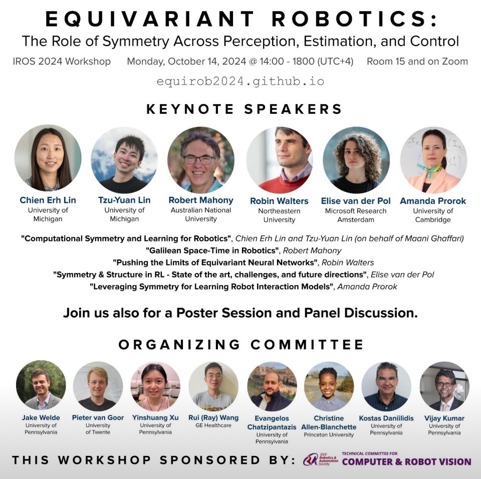 Join us on Monday October. 14th at 2pm (UTC+4) in #IROS2024 Workshop on Equivariant Robotics. 
A great lineup of keynote speakers will discuss how symmetry penetrates each and every subfield of robotics. 
Website and Zoom Link: equirob2024.github.io
