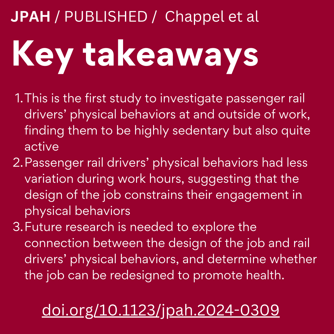 JPAHjournal's tweet photo. Given the nature of their work, rail drivers are presumed to be highly sedentary. Despite engaging in daily MVPA, drivers still spend 10hrs/day sedentary, highlighting the potential of the workplace domain for promoting healthy #physicalactivity profiles  
https://t.co/d2XF5gc0J8 https://t.co/j0tsjTGdna
