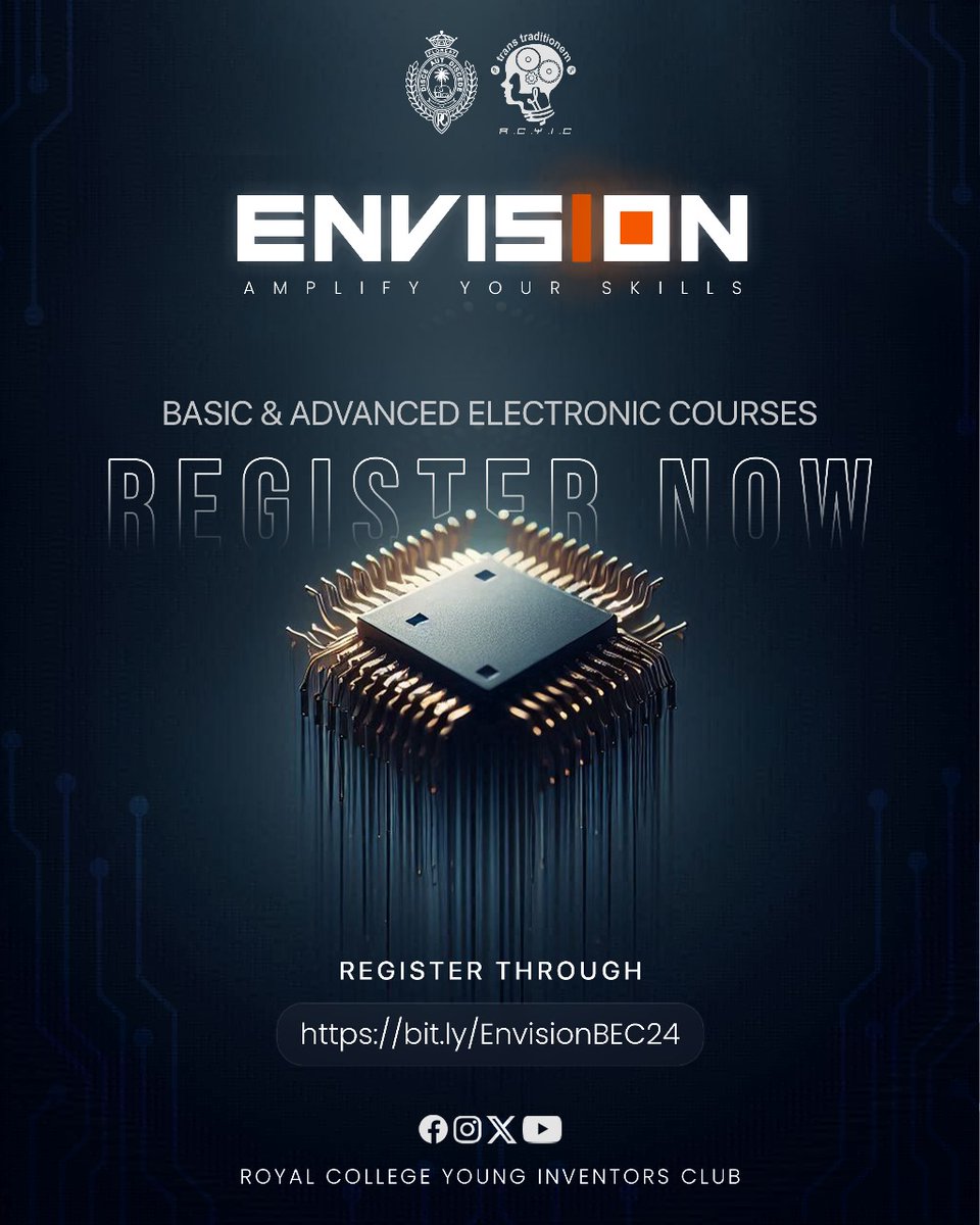 RCYICMembers's tweet photo. "Mastering electronics today builds the foundation for tomorrow's innovations"

Join the advanced and basic electronic courses organized by the Royal College Young Inventors Club.

Unlock the power of electronics!

Register Now !
https://t.co/dzhZYakOrm

#Envision24
#RCYIC https://t.co/5hB0GqnNom