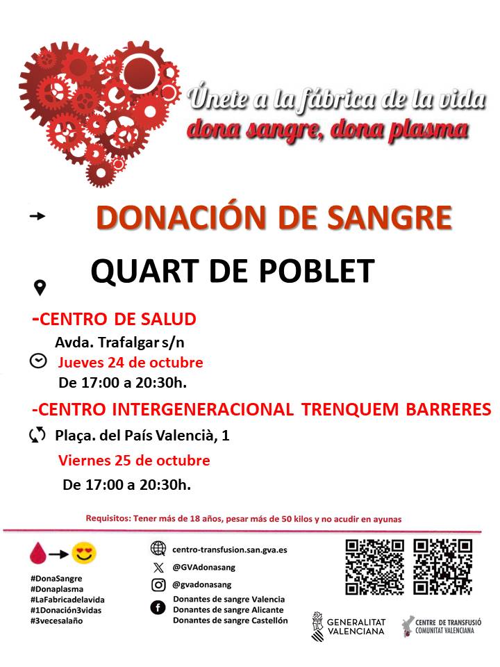 Donación de sangre mes de octubre:
Jueves 24 de octubre en el centro de salud en horario de 17.00 a 20.30 horas.  
Viernes 25 de octubre en trenquem barreres en horario de 17.00 a 20.30 horas. 
Os esperamos a todos.💪💪💪