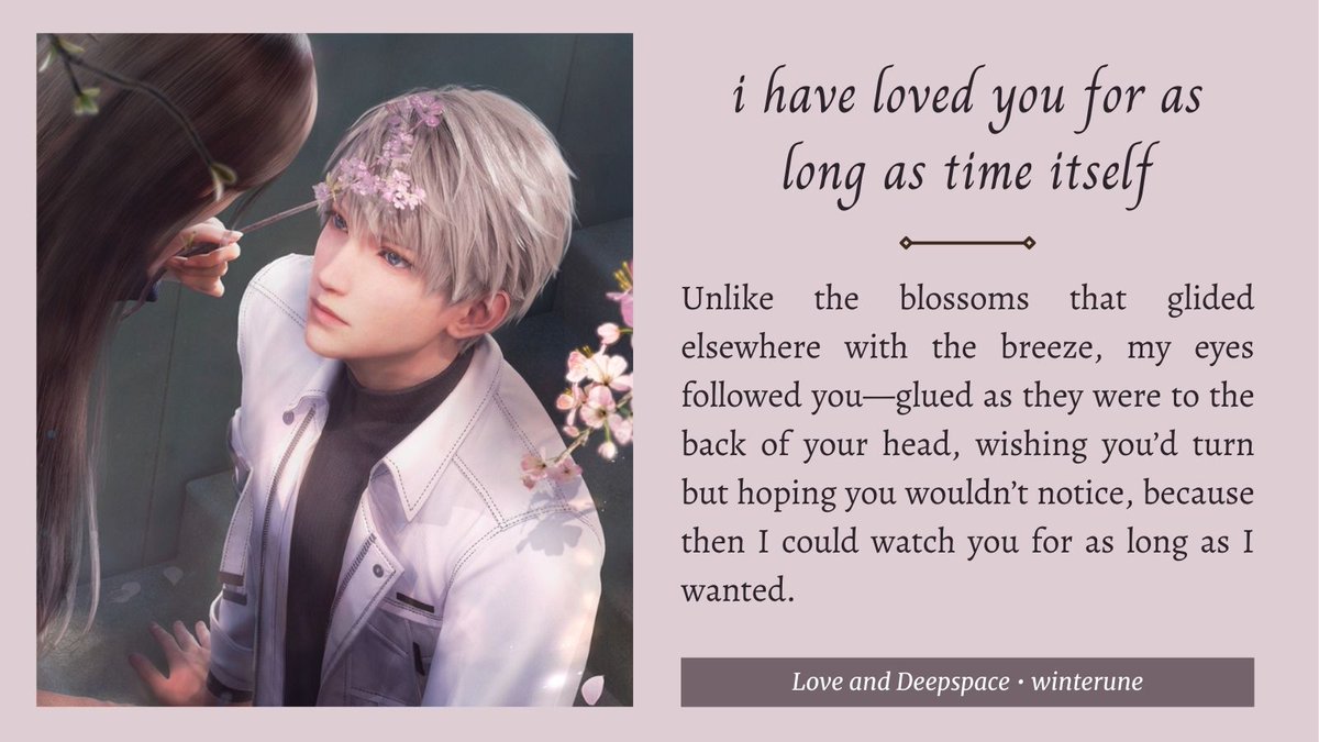 🪻 Love and Deepspace 🪻

The first time Xavier saw you, it was raining flowers.

G | 1.6k | Xavier/MC
AO3: archiveofourown.org/works/59740495
#LoveandDeepspace #Xavier