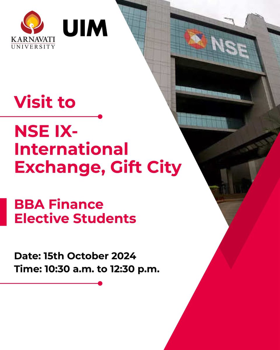 Our BBA Finance Elective students are set to visit NSE IX-International Exchange at GIFT City on 15th October 2024. An exciting opportunity to get firsthand insights into global financial markets and exchanges! 🌍💹

#UIM #KarnavatiUniversity