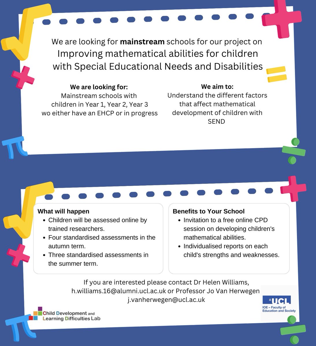 We are looking for mainstream primary school students with SEND to take part in our research on mathematical abilities and development. If you think you can help, please get in touch.
hashtag#education hashtag#SEND hashtag#research