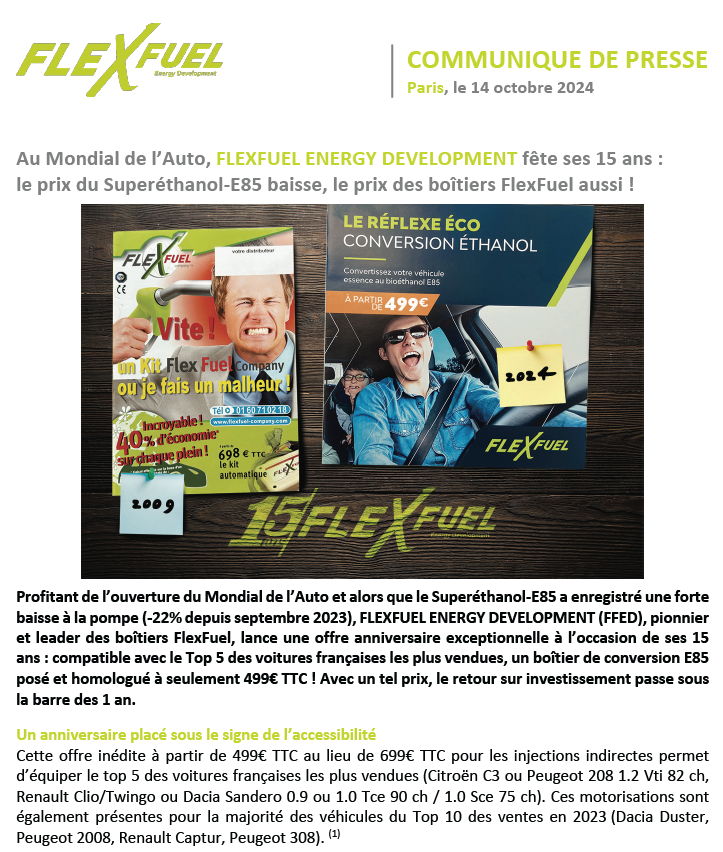 Flexfuelcompany's tweet photo. [COMMUNIQUÉ DE PRESSE] @Flexfuelcompany  pionnier et leader des boîtiers FlexFuel, lance une 𝗼𝗳𝗳𝗿𝗲 𝗮𝗻𝗻𝗶𝘃𝗲𝗿𝘀𝗮𝗶𝗿𝗲 𝗲𝘅𝗰𝗲𝗽𝘁𝗶𝗼𝗻𝗻𝗲𝗹𝗹𝗲 à l’occasion de ses 15 ans : compatible avec le Top 5 des voitures françaises les plus vendues, un boîtier de conversion E85 posé et homologué à 𝘀𝗲𝘂𝗹𝗲𝗺𝗲𝗻𝘁 𝟰𝟵𝟵€ 𝗧𝗧𝗖 ! Avec un tel prix, le retour sur investissement passe sous la barre des 1 an. 😍 

#flexfuel #offrespéciale #anniversaire #e85 #conversionethanol