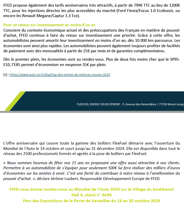 Flexfuelcompany's tweet photo. [COMMUNIQUÉ DE PRESSE] @Flexfuelcompany  pionnier et leader des boîtiers FlexFuel, lance une 𝗼𝗳𝗳𝗿𝗲 𝗮𝗻𝗻𝗶𝘃𝗲𝗿𝘀𝗮𝗶𝗿𝗲 𝗲𝘅𝗰𝗲𝗽𝘁𝗶𝗼𝗻𝗻𝗲𝗹𝗹𝗲 à l’occasion de ses 15 ans : compatible avec le Top 5 des voitures françaises les plus vendues, un boîtier de conversion E85 posé et homologué à 𝘀𝗲𝘂𝗹𝗲𝗺𝗲𝗻𝘁 𝟰𝟵𝟵€ 𝗧𝗧𝗖 ! Avec un tel prix, le retour sur investissement passe sous la barre des 1 an. 😍 

#flexfuel #offrespéciale #anniversaire #e85 #conversionethanol
