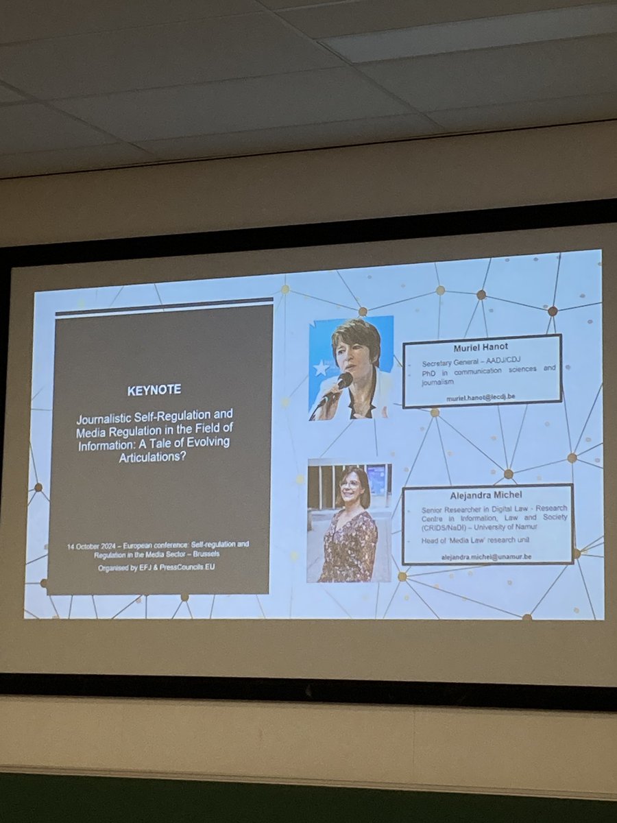 DeontoloJ's tweet photo. How can journalistic self-regulation and media regulation be articulated while protecting press freedom and the right to information? 🌐

Muriel Hanot (#CDJ) and Alejandra Michel (UNamur) are re-reading the related @PressCouncilsEu research (2023) in the light of DSA and EMFA 🇪🇺 https://t.co/digocDv1MZ