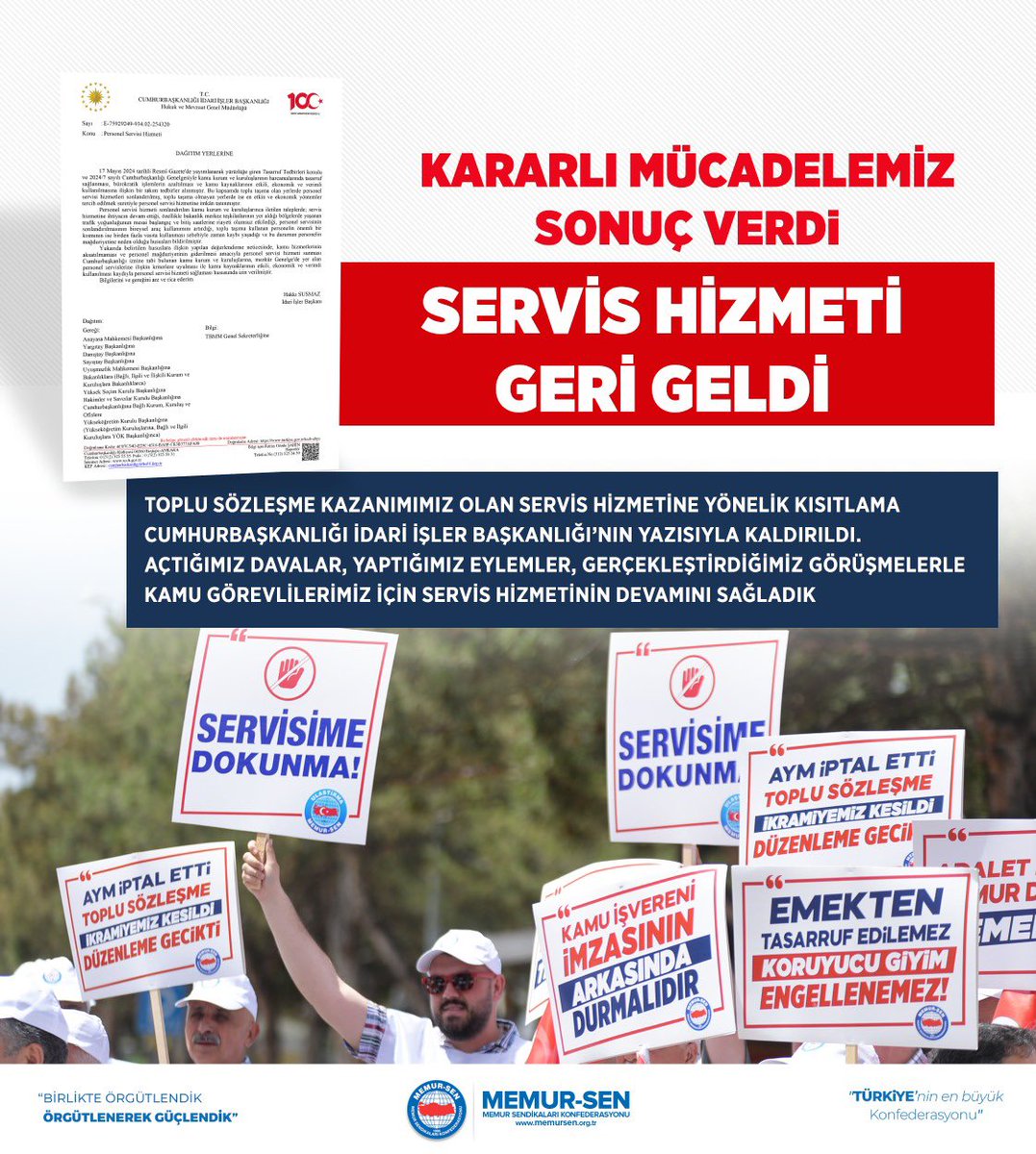 MemurSenKonf's tweet image. *KARARLI MÜCADELEMİZ SONUÇ VERDİ, SERVİS HİZMETİ GERİ GELDİ*

Toplu sözleşme kazanımımız olan servis hizmetine yönelik kısıtlama Cumhurbaşkanlığı Hukuk ve Mevzuat Genel Müdürlüğü’nün yazısıyla kaldırıldı. Cumhurbaşkanlığı, toplu sözleşme hakkının ihlali noktasındaki haklı…