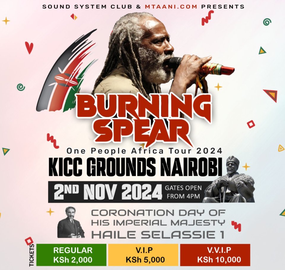 SoundSystemCltd's tweet photo. Experience the magic of a legendary performer Burning Spear in Nairobi! 
NEW VENUE, KICC.
Online Ticket sales starts today, tickets online this evening!!!
Get your tickets now!!!
I have a question, who will be in Nairobi Kenya today? https://t.co/KMb4V9WX02