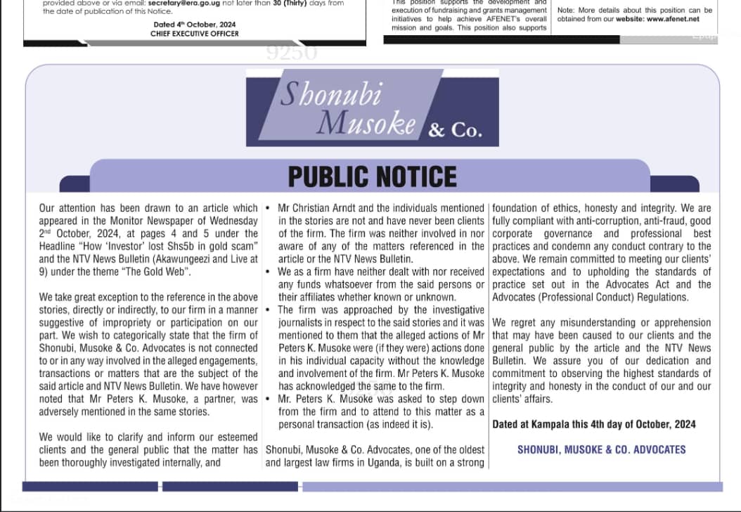 We recently published this public notice in the print media <a href="/DailyMonitor/">Daily Monitor</a> and @newvisonwire. We would like to share it here for the benefit of the digital community. Assuring you of our best services.