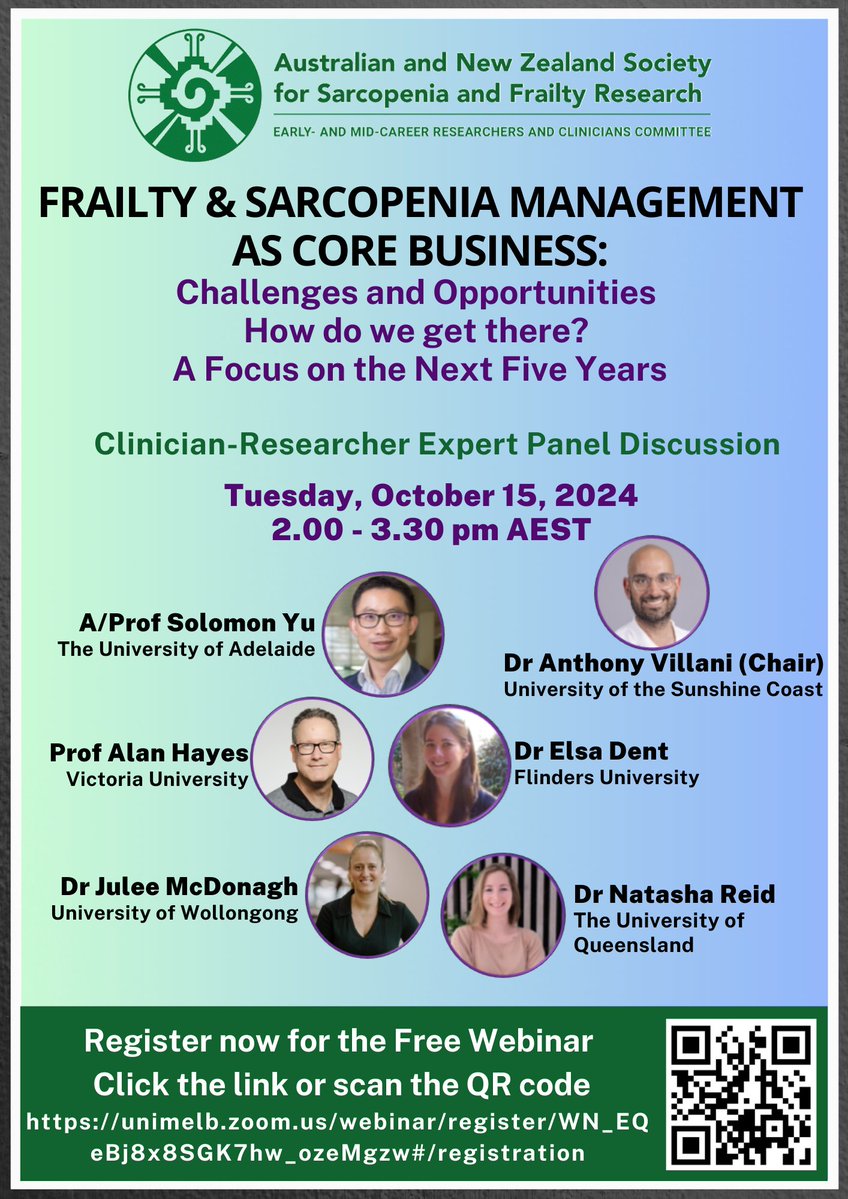 Join us tomorrow for a discussion on frailty and sarcopenia management! 💪 
🕑 2:00-3:30 PM AEST
It's not too late to register for this free event 🎟️ 
Don’t miss out on the latest insights—sign up now! #Frailty #Sarcopenia <a href="/ANZSSFR/">ANZSSFR</a> 
unimelb.zoom.us/webinar/regist…