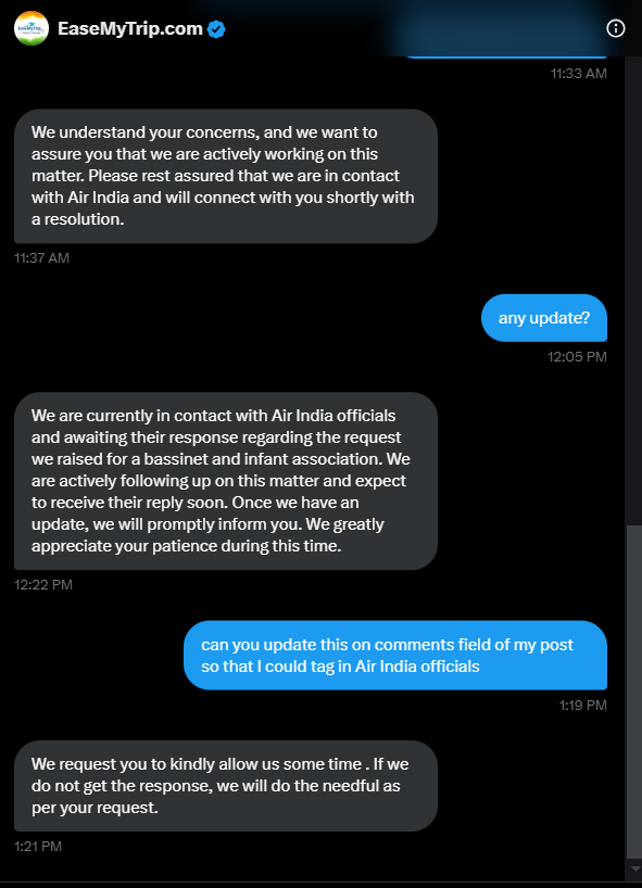 ankurnnd's tweet photo. @EaseMyTrip @Shikhzii @airindia @rikantpitti @nishantpitti @airindia : EMT is stating that owing to delay from your end they are not able to perform the actions, could you please comment, their chat attached https://t.co/aC03Yes297