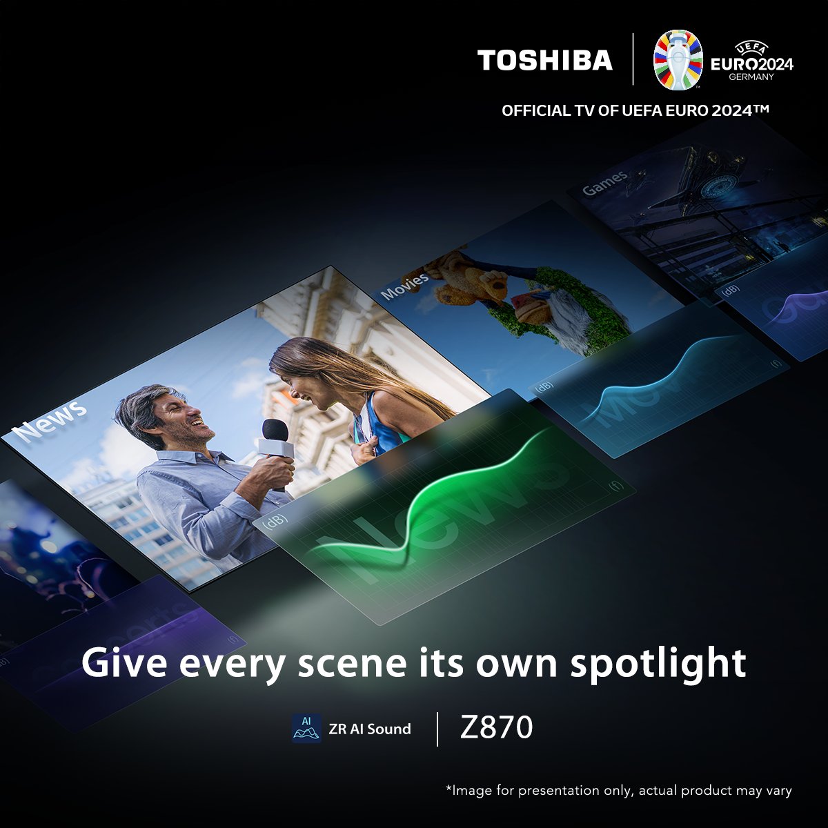 ToshibaTVGlobal's tweet photo. Whether it’s breaking news, a movie, or a game, #ToshibaTV's ZR AI Sound technology automatically adjusts to deliver the perfect sound experience in real time. You’ll hear it just the way it was meant to be. Which mode would you try out first? #BeRealCraftsmanship https://t.co/fLUd7VXFRv