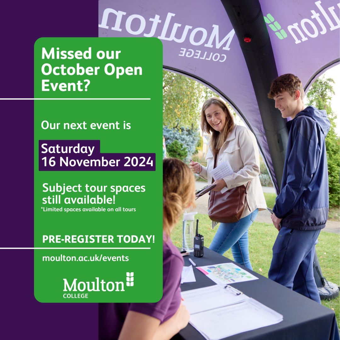 Missed our Open Event at the weekend? Don't panic!

Our next event is 16 November 2024 and we still have limited places available on all subject tours.

Visit our website to book your place now!

#OpenEvent #OpenDay #MoultonMade #TeamMoulton #RegisterToday