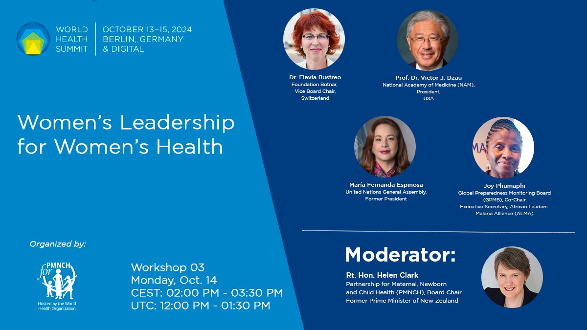 PMNCH (@pmnch) on Twitter photo đŁ HAPPENING TODAY!
Don't miss the #WHS2024 Global Health Lab on Womenâs Leadership for Womenâs Health! đ
đ 2:00-3:30pm CEST
Moderated by <a href="/HelenClarkNZ/">Helen Clark</a>, PMNCH Board Chair, this session will explore the critical role of women leaders in advancing womenâs health globally. đŁ HAPPENING TODAY!
Don't miss the #WHS2024 Global Health Lab on Womenâs Leadership for Womenâs Health! đ
đ 2:00-3:30pm CEST
Moderated by <a href="/HelenClarkNZ/">Helen Clark</a>, PMNCH Board Chair, this session will explore the critical role of women leaders in advancing womenâs health globally.