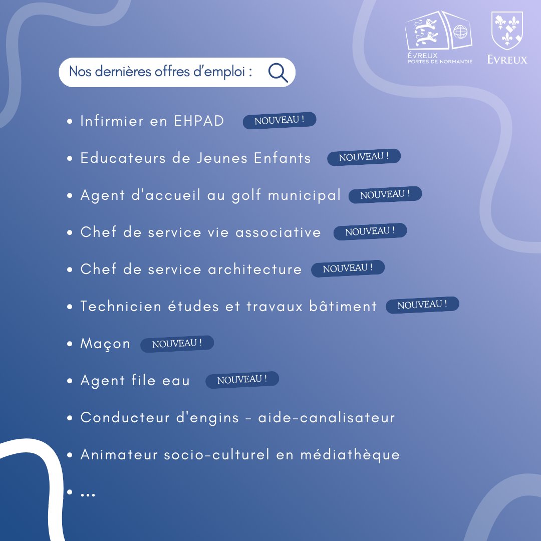 [#EMPLOI]

#Evreux et #aggloevreux recrutent !

&gt; Nouvelles offres : Infirmier en EHPAD / Educateurs de Jeunes Enfants /...

&gt; Offres en cours : Ilotier / Cuisinier en EHPAD /...

👉 Pour postuler, envoyez votre CV et lettre de motivation ⤵️
evreuxportesdenormandie.fr/285-evreux-por…

#offreemploi