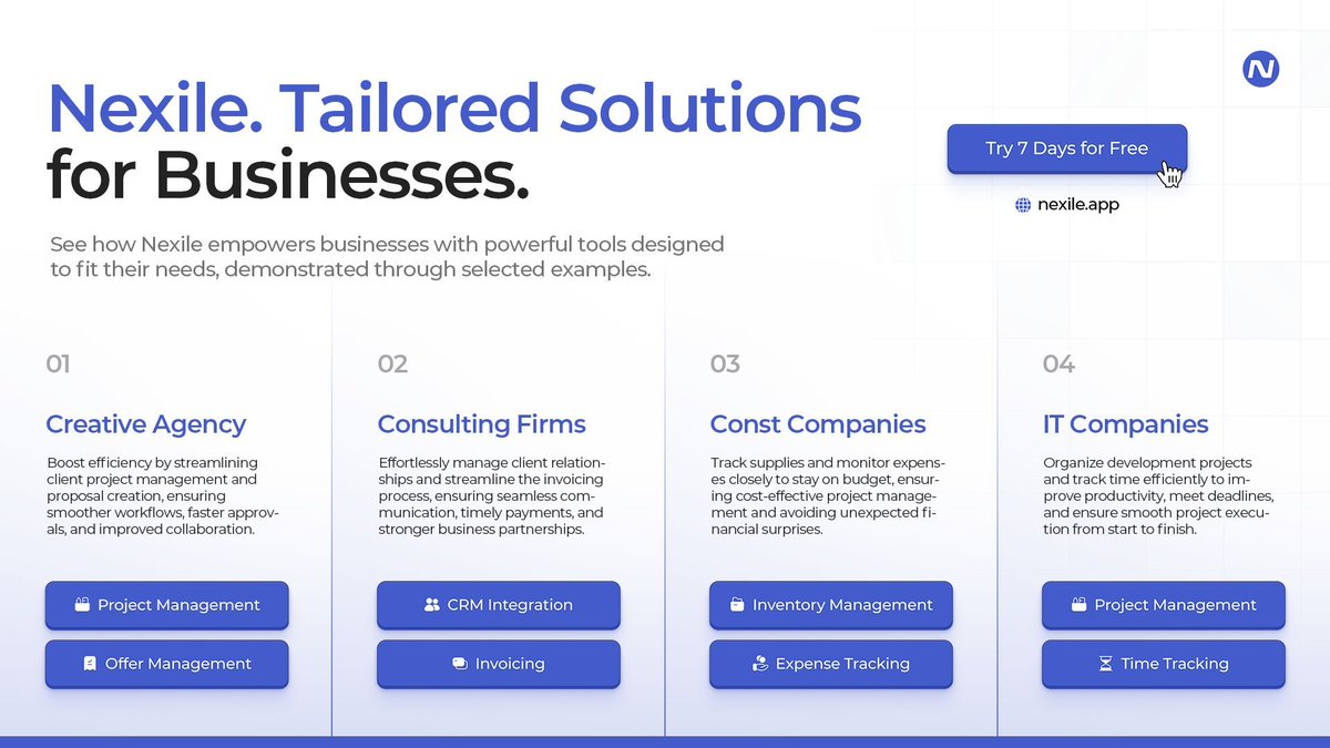 nexileapp's tweet photo. 💼 Nexile helps many businesses, like agencies, consultants, construction, and IT firms, improve efficiency with tailored tools.

🌐 Try it for free at https://t.co/jvMd4QCa76! https://t.co/CJuL3qpcWi
