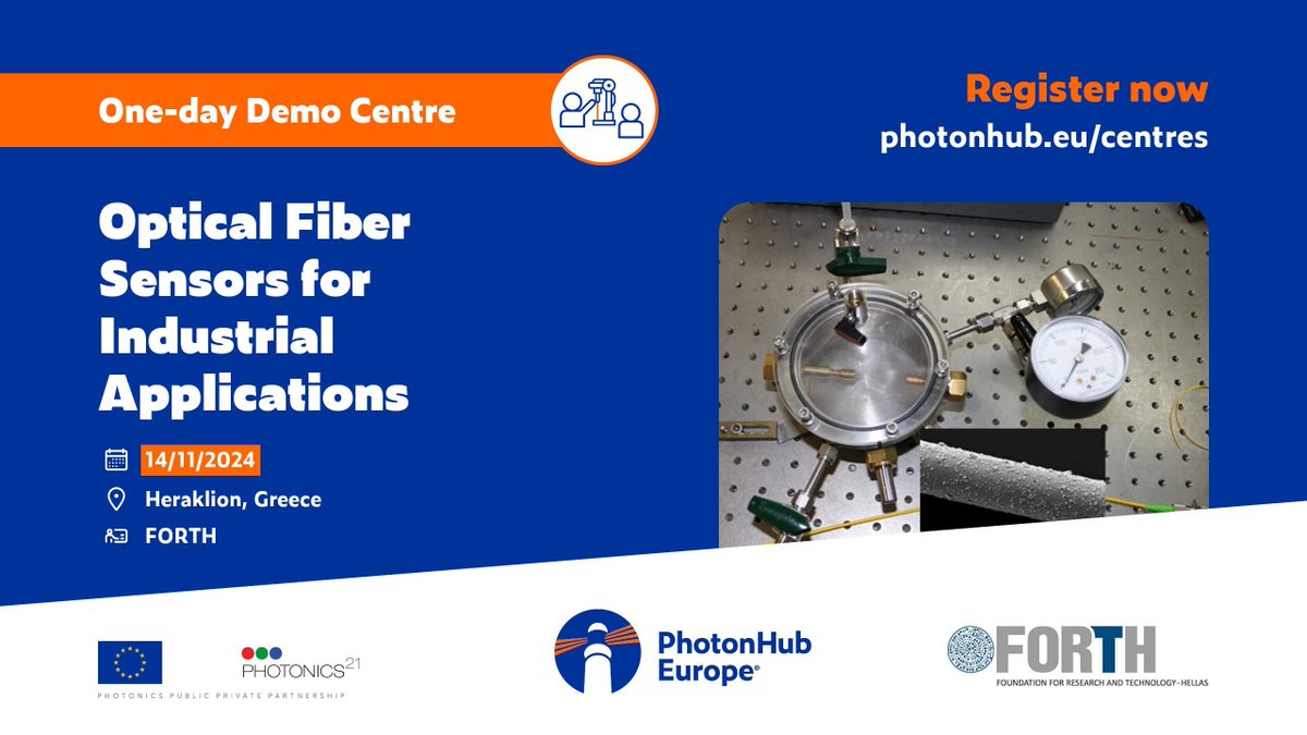 📢 <a href="/FORTH_ITE/">FORTH</a> is organising a one-day #PhotonHub Demo Centre about Optical Fiber Sensors for Industrial Applications.

📅 14 November 2024
📍 Heraklion, Greece
👉 buff.ly/3U3NUIc

#photonics #gratings #Lasers #fiber #automation #industrial #sensors