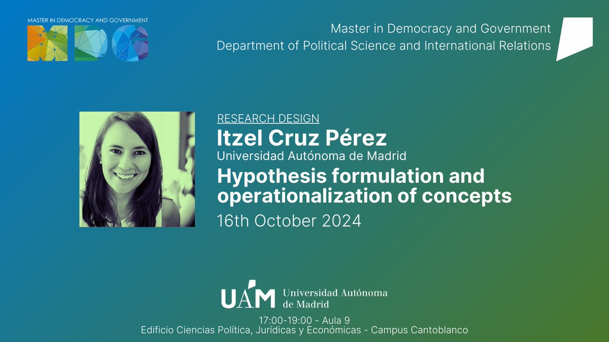 🚀 Exciting session coming up! Next Wednesday, 16th October 2024, Itzel Cruz Pérez will dive into hypothesis formulation and operationalization of concepts in the Research Design course! 🔍✨