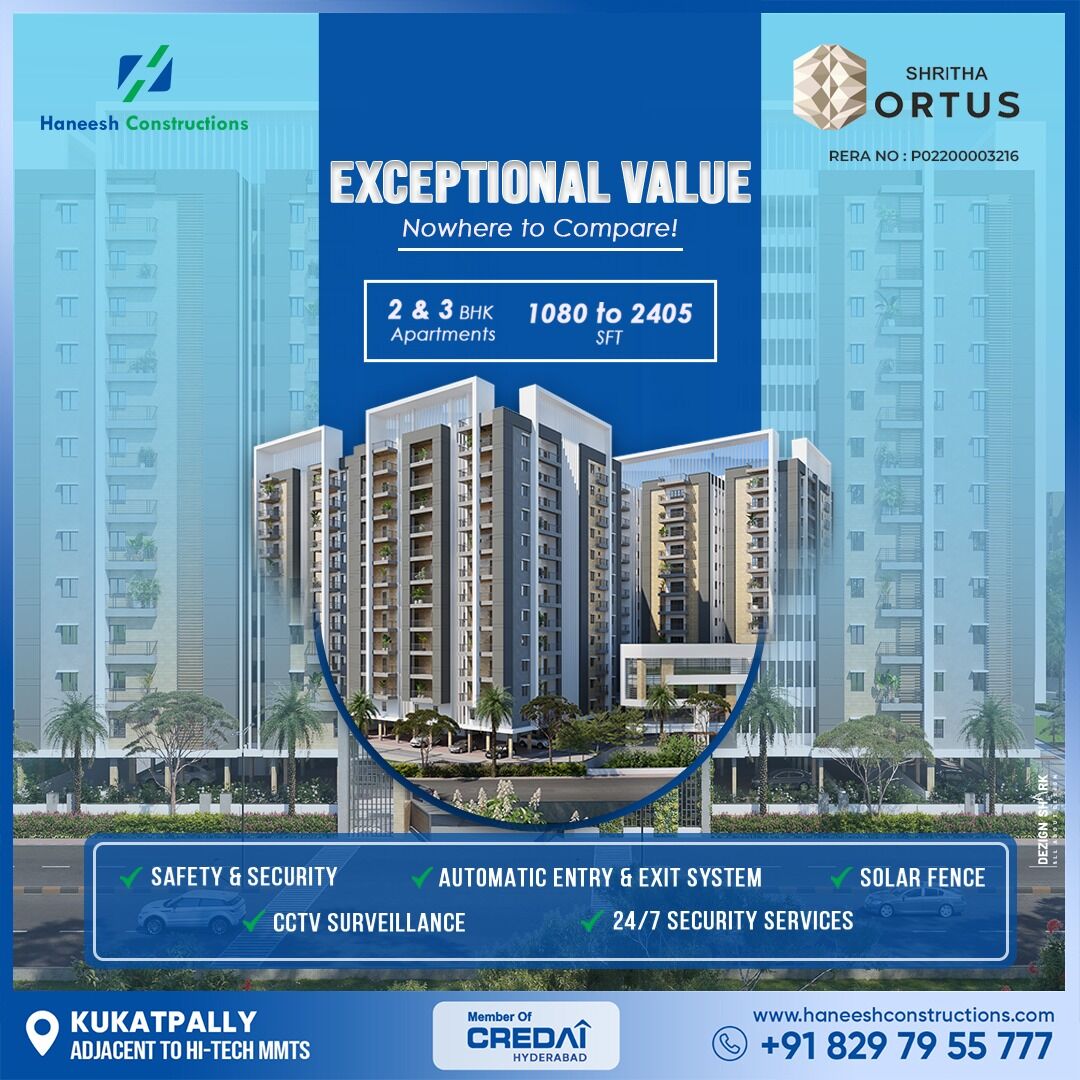 HaneeshConc01's tweet photo. Discover #ExceptionalValue at #ShrithaOrtus by #HaneeshConstructions! Spacious 2 & 3 BHK apartments (1080-2405 SFT) in #Kukatpally with top-notch security features. Your dream home awaits! ๐๐ก
#HyderabadRealEstate https://t.co/x2X7MIDIMF