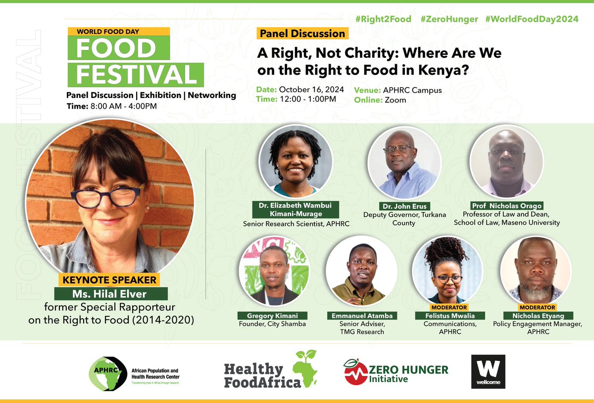 #EventAlert

Join us for a vital discussion on the #Right2Food - a constitutional guarantee that remains unfulfilled for many Kenyans.

Don‘t miss out on this critical conversation as we commemorate #WorldFoodDay2024.

Register here: us02web.zoom.us/webinar/regist…
<a href="/aphrc/">APHRC</a> 

#ZeroHunger