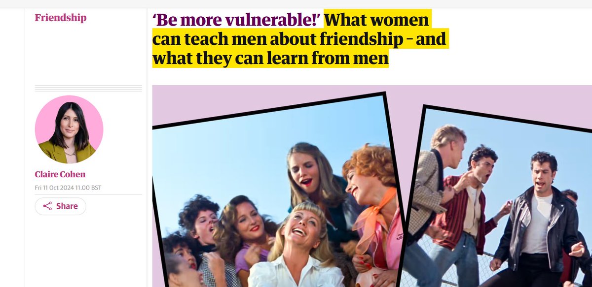 Max Dickins (@maxdickins) on Twitter photo Female vs Male Friendships - what can men and women learn from one another about friendship?
Delighted to have contributed to this <a href="/clairecohen/">Claire Cohen</a> piece in <a href="/guardian/">The Guardian</a> 😊
🔗below... Female vs Male Friendships - what can men and women learn from one another about friendship?
Delighted to have contributed to this <a href="/clairecohen/">Claire Cohen</a> piece in <a href="/guardian/">The Guardian</a> 😊
🔗below...