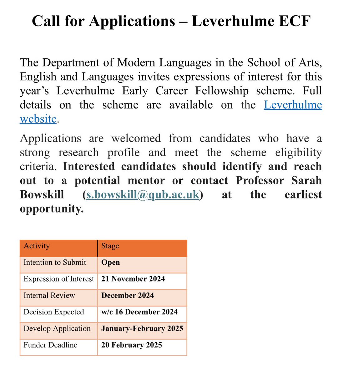The Department of Modern Languages in the School of Arts, English and Languages invites expressions of interest for this year’s Leverhulme Early Career Fellowship scheme. Full details on the scheme are available on the Leverhulme website leverhulme.ac.uk/early-career-f…