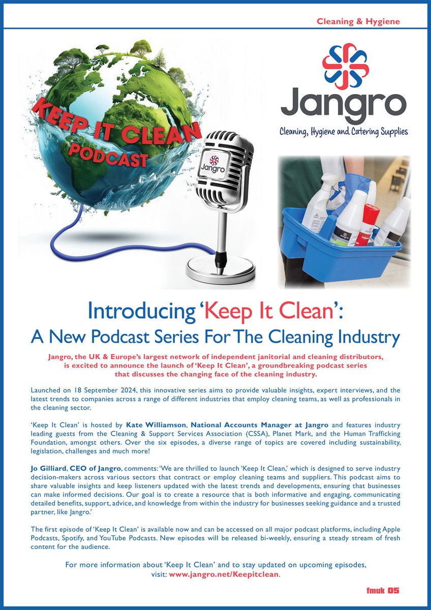 FMUKmagazine1's tweet image. Latest Issue 📰: @JangroLtd, UK &amp;amp; Europe’s largest network of independent #janitorial and #cleaning distributors, has launched ‘Keep It Clean’, a #podcast series that discusses the changing face of the industry.

➡️fmuk-online.co.uk/features/6150-…
#facman #FacilitiesManagement #hygiene