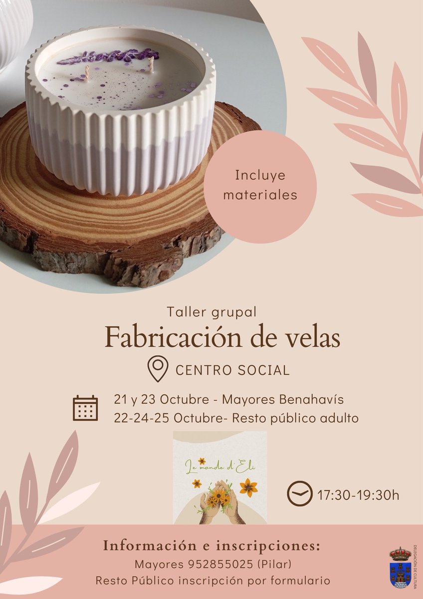 aytodebenahavis's tweet image. Crea tu propia vela de soja con este maravilloso taller ofrecido por Le monde d'Eli en el que aprenderás a crear y decorar velas con materiales como flores secas, piedras de cristal, purpurinas, frutas disecadas y diferentes colorantes y aromas.
+Info: cutt.ly/EeACpj56