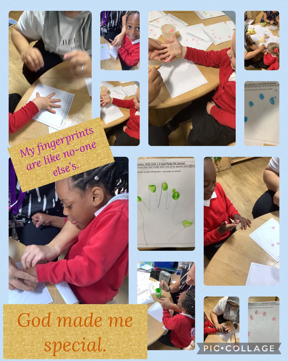 W/E 11.10.24: In RE the #Reception children heard that God made every one of us unique but He still knows everything about us including every hair on our head. They drew round their hand then painted their fingertips to reveal their unique fingerprints.