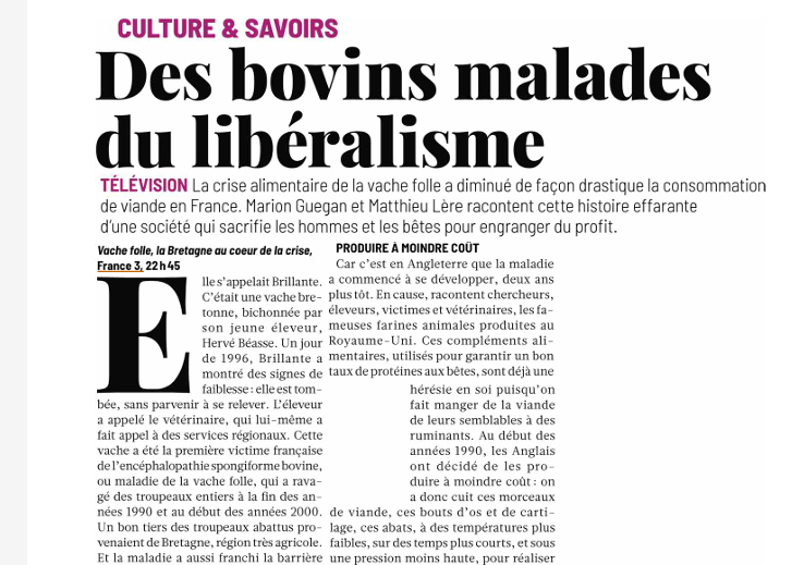 France TV Pro (@francetvpro) on Twitter photo #LesMediasEnParlent
<a href="/OuestFrance/">Ouest-France</a> <a href="/Le_NouvelObs/">Le Nouvel Obs</a> <a href="/Telerama/">Télérama</a> <a href="/humanite_fr/">L'Humanité</a>
📍" Vache folle, la Bretagne en crise " #documentaire
▶️ Ce soir à 22.45 sur #France3 et france.tv #LesMediasEnParlent
<a href="/OuestFrance/">Ouest-France</a> <a href="/Le_NouvelObs/">Le Nouvel Obs</a> <a href="/Telerama/">Télérama</a> <a href="/humanite_fr/">L'Humanité</a>
📍" Vache folle, la Bretagne en crise " #documentaire
▶️ Ce soir à 22.45 sur #France3 et france.tv