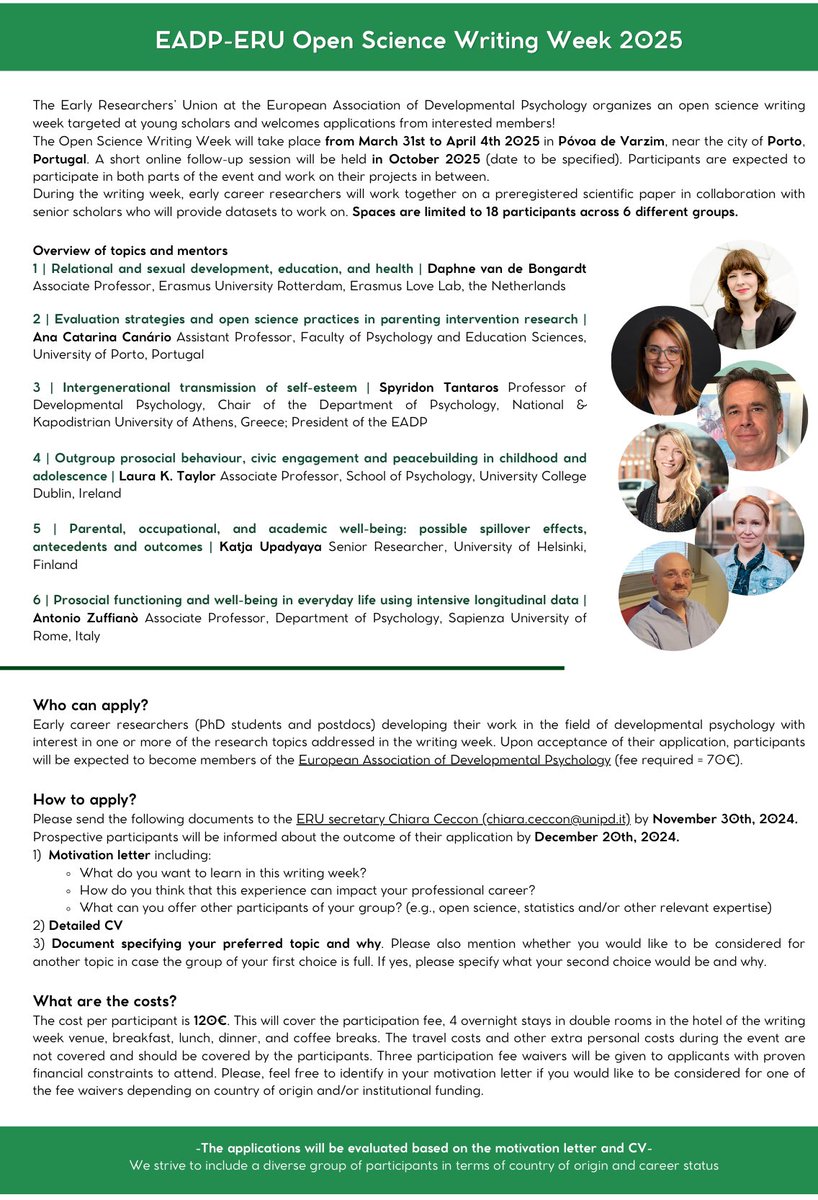 Early career developmental psychologists:

Check out this fabulous professional development opportunity with @EADPtweets 

Delighted to be a mentor, and share some of our <a href="/GnrtnPeace/">GnrtnPeace</a> data, funded by <a href="/IrishResearch/">We are now Research Ireland</a> 

Deadline 30 Nov

#UCDpsychologyontour