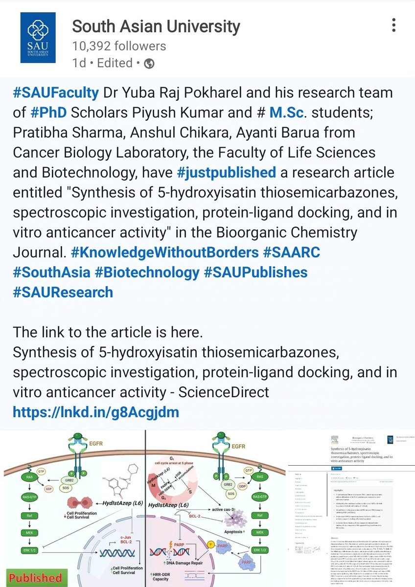 ChikaraAnshul's tweet photo. What can be the better than getting your first publication on dusshera !
I am happy to share my first research article published in journal of Bioorganic Chemistry. Have a look on it.
https://t.co/YiskDKICx9…
#research #cancerbio #Oncology
@SouthAsianUni #sau https://t.co/7VfqHvZCWq
