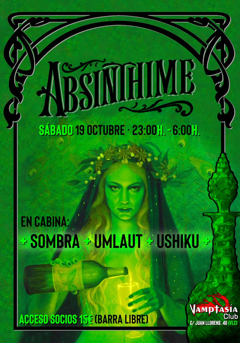 ValenciaDark's tweet photo. (Un)Pure Sessions resucitan las fiestas Absinthime: música ambiental y oscura mientras os bebéis una absenta.

Más info en: https://t.co/XaZOb6g6pf

#EtherealMusic #DarkFolk #DarkCabaret #NeoClassicalMusic #GothicRock #Darkwave #Postpunk #NewWaveMusic #EBM #IndustrialMusic https://t.co/BmpTNqha8o