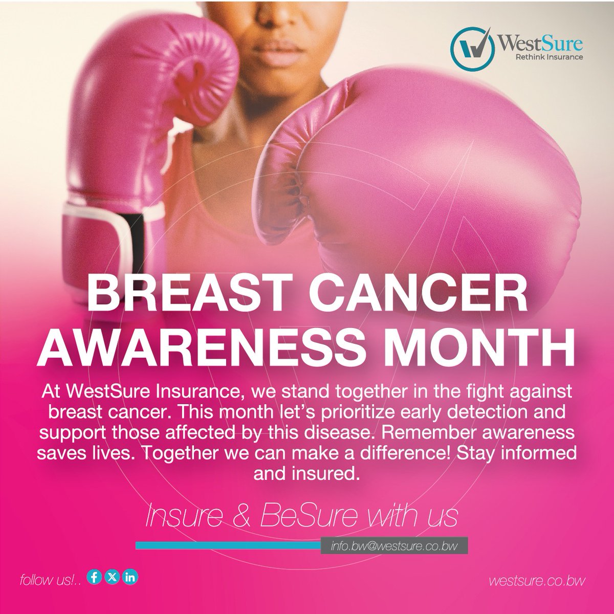 WestsureBW's tweet photo. Take Action! Get screened, spread the word and support the cause. Together we stand united in the fight against breast cancer. Early detection saves lives—let’s raise awareness and support one another!
#BeSure #BeWestSure #InsureToBeSure #BreastCancerAwareness #PinkOctober https://t.co/UzOqpWD8ww